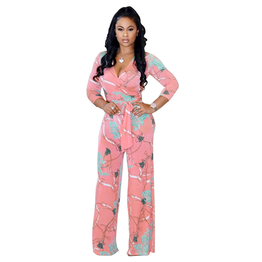 Sexy women jumpsuit V-neck long sleeved printed jumpsuit For Women