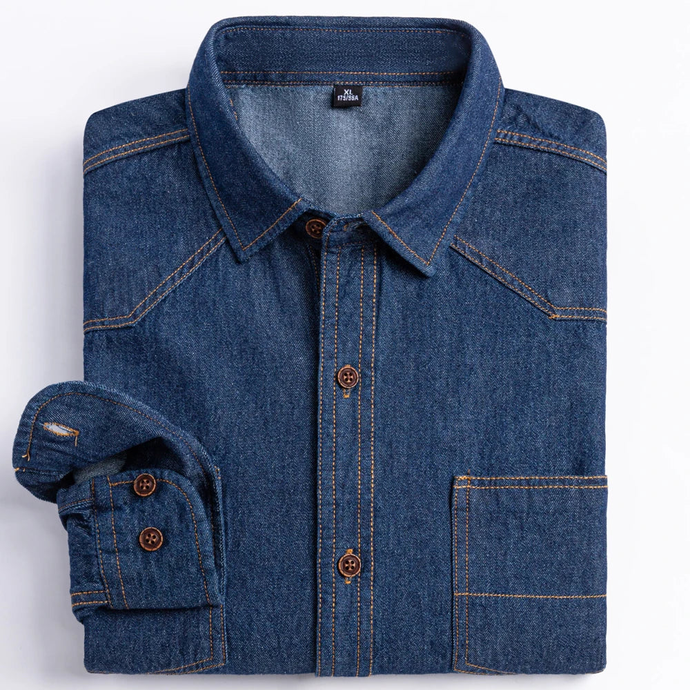Men's Denim Casual Long Sleeve Pocket Shirt. Regular-Fit Comfortable Soft. 100% Cotton Washed Durability