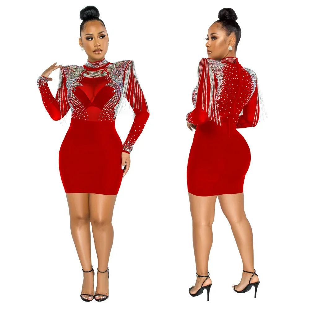 CM.YAYA Women Jumpsuit Solid High Collar Hot Drill Mesh Shoulder Cotton Long Sleeves Long Straight Jumpsuit Sexy Party Outfits