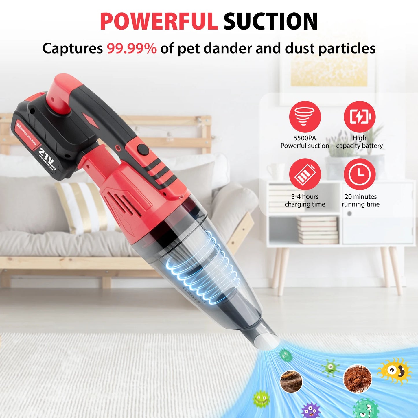 Cordless Vacuum Cleaner, 55KPA Lightweight Vacuum Cleaners for Home with Rechargeable 2200 mAh Battery, Handheld Vacuum for Home