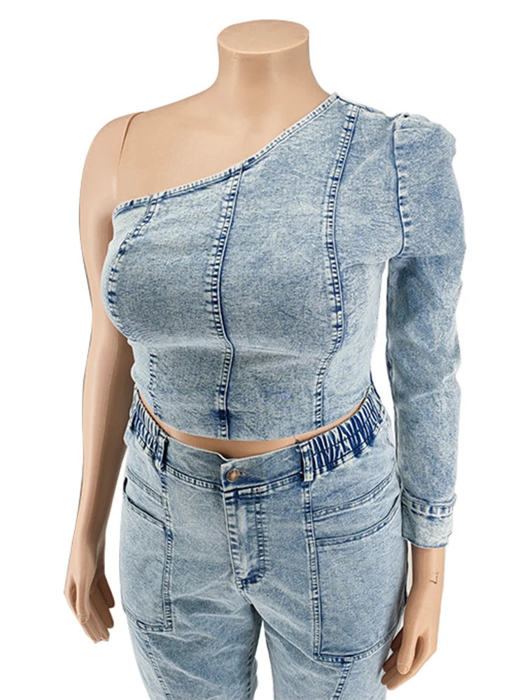 Two Piece Set Women Top and Pants Fashion Sexy One Shoulder Top Elastic Jeans Plus Size Matching Sets Wholesale Dropshipping