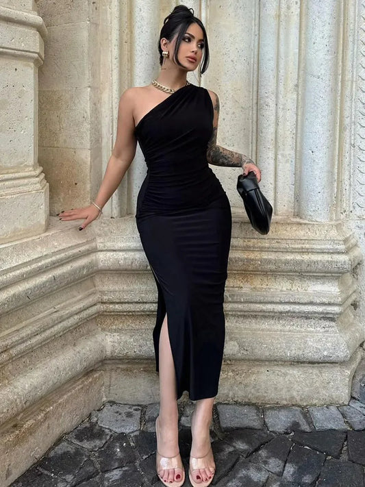 Black elegant Dress, Sexy Split Sleeveless, Backless Dress Off Shoulder, for casual, Dinner, Club Slim wear Dress