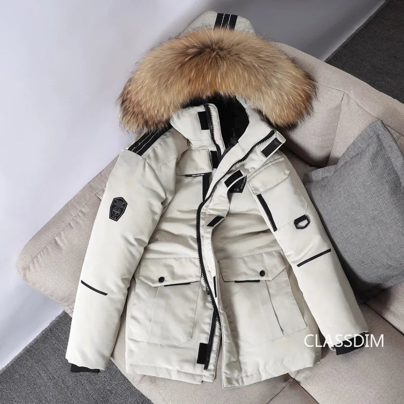 Duck Down winter Coats, Hooded Fur Collar, Casual Long Puffer Jackets Quality for Men