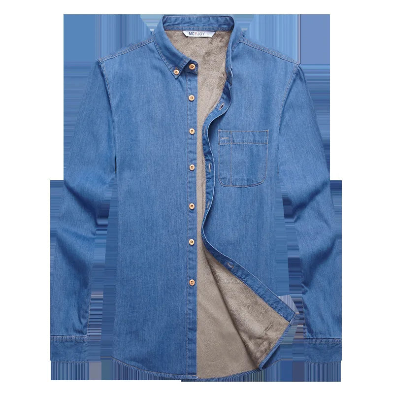Winter Warm Denim Jeans Shirt for Men. Fleece Lined Velvet Shirts with Button Down