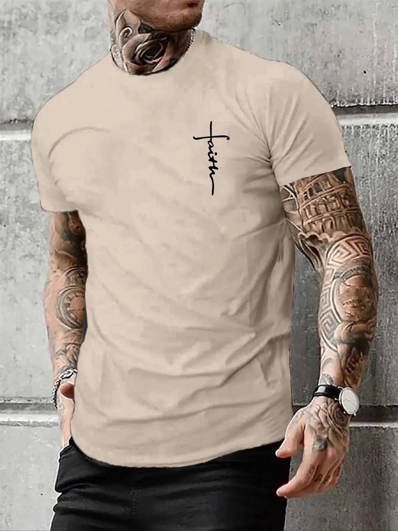 Men's Summer 100% Cotton Fashionable Casual Loose Large Size Faith Cross Printed Sports Round Neck Short Sleeve T-shirt Top