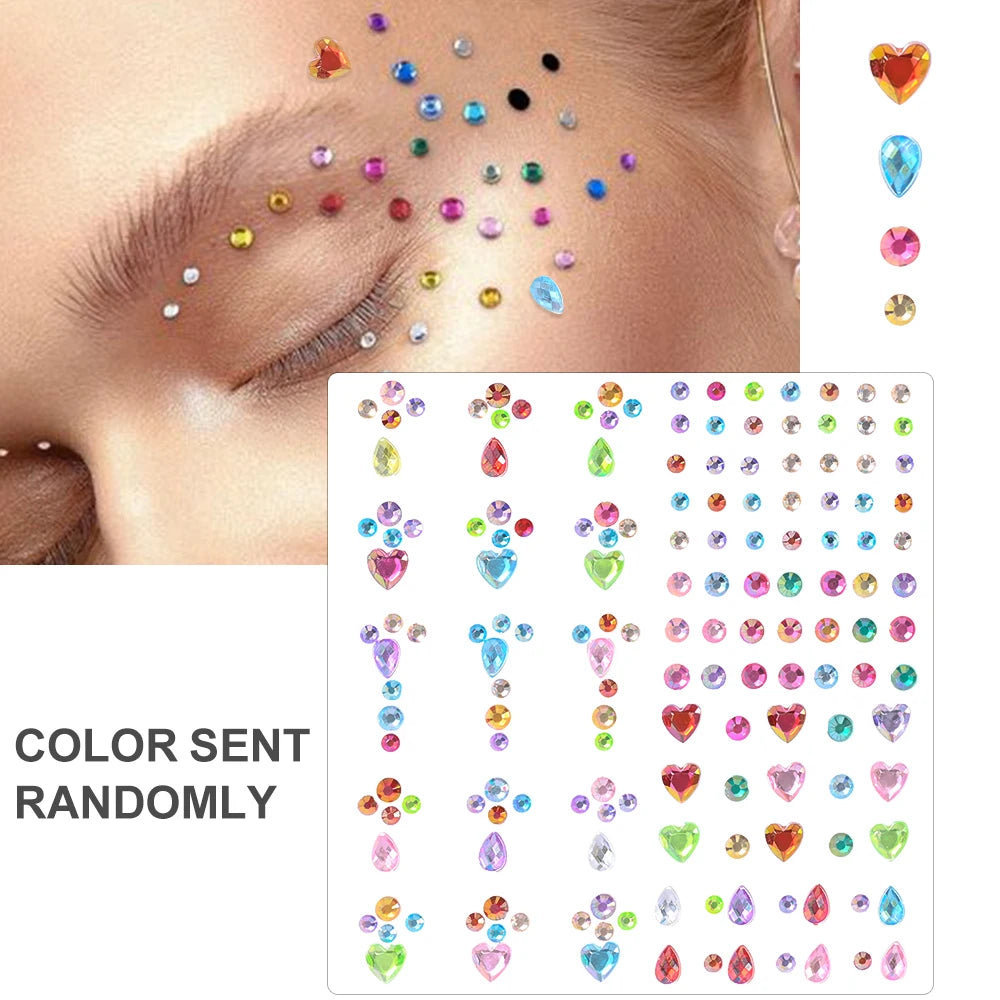 1Sheet Face 3D Diamond Tattoo Stickers Colored Round/Square/Star/Moon/Heart/Drop Rhinestone Shiny DIY Body Makeup Gems Tattoos *