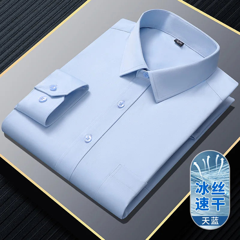 S~8XL Top Quality Elasticity Anti-Wrinkle Mens Shirts Long Sleeves Slim Fit Camisa Business Formal Blouse Social White Shirt Men