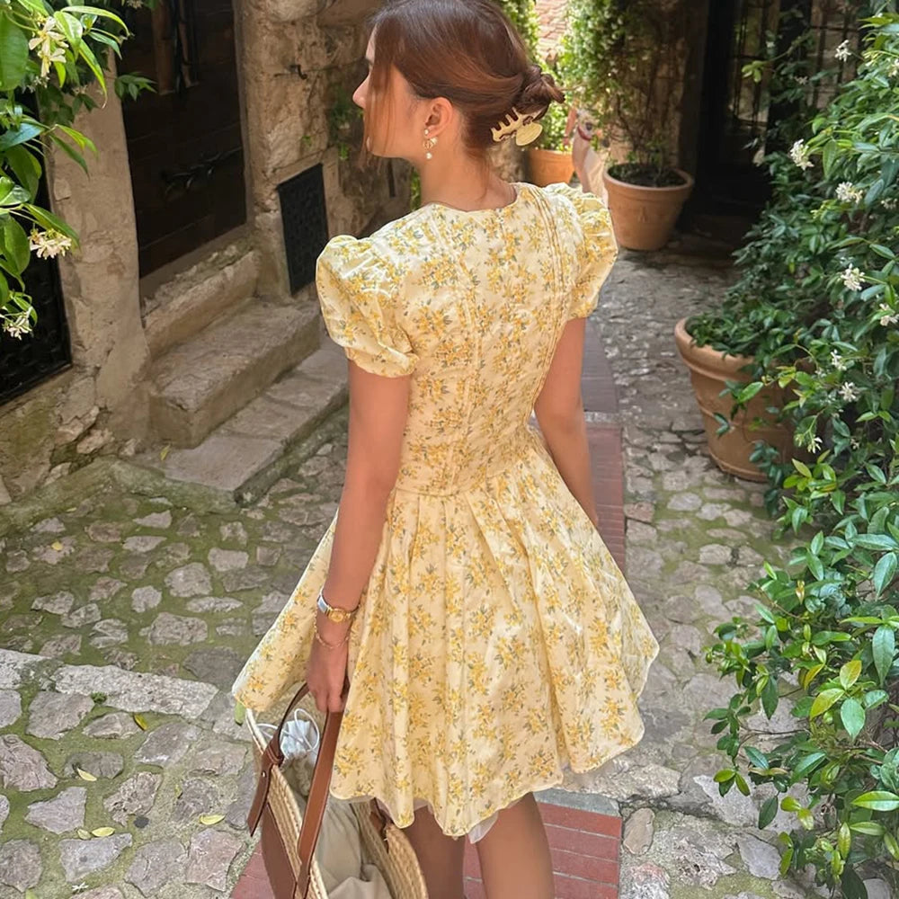 Talenza Printed V-Neck Short Sleeve Mini Dress Women's Summer Sexy Floral Pleated Party A-Line Dress High Waist Slim Mini Dress