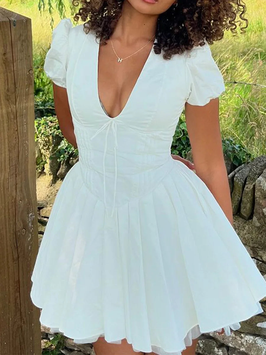 Talenza Printed V-Neck Short Sleeve Mini Dress Women's Summer Sexy Floral Pleated Party A-Line Dress High Waist Slim Mini Dress