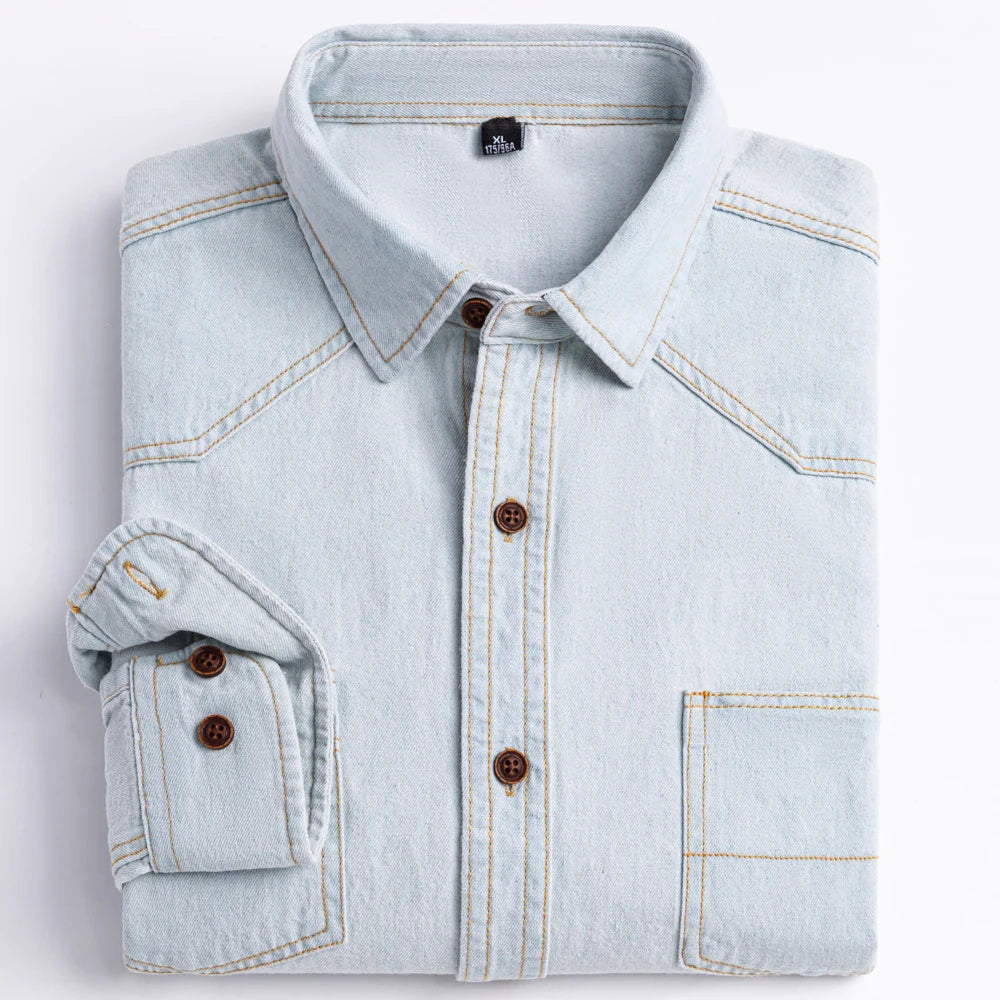 Men's Denim Casual Long Sleeve Pocket Shirt. Regular-Fit Comfortable Soft. 100% Cotton Washed Durability