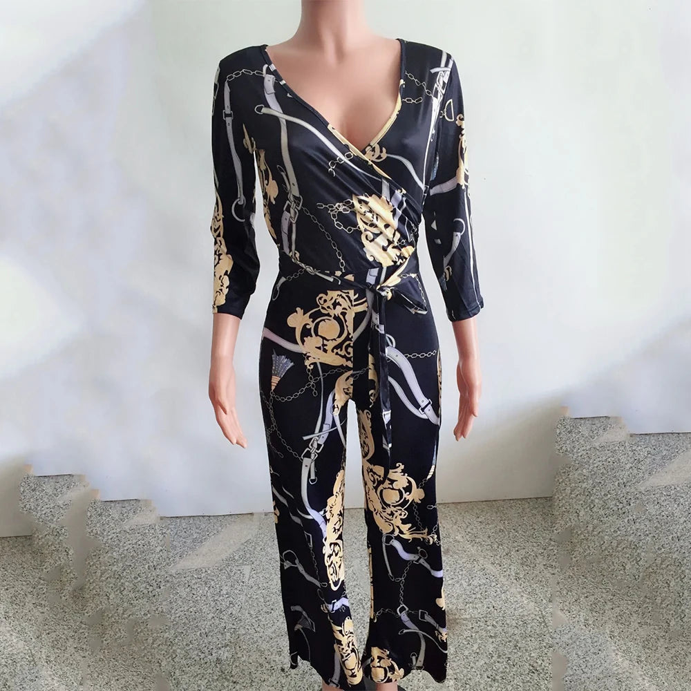 Sexy women jumpsuit V-neck long sleeved printed jumpsuit For Women
