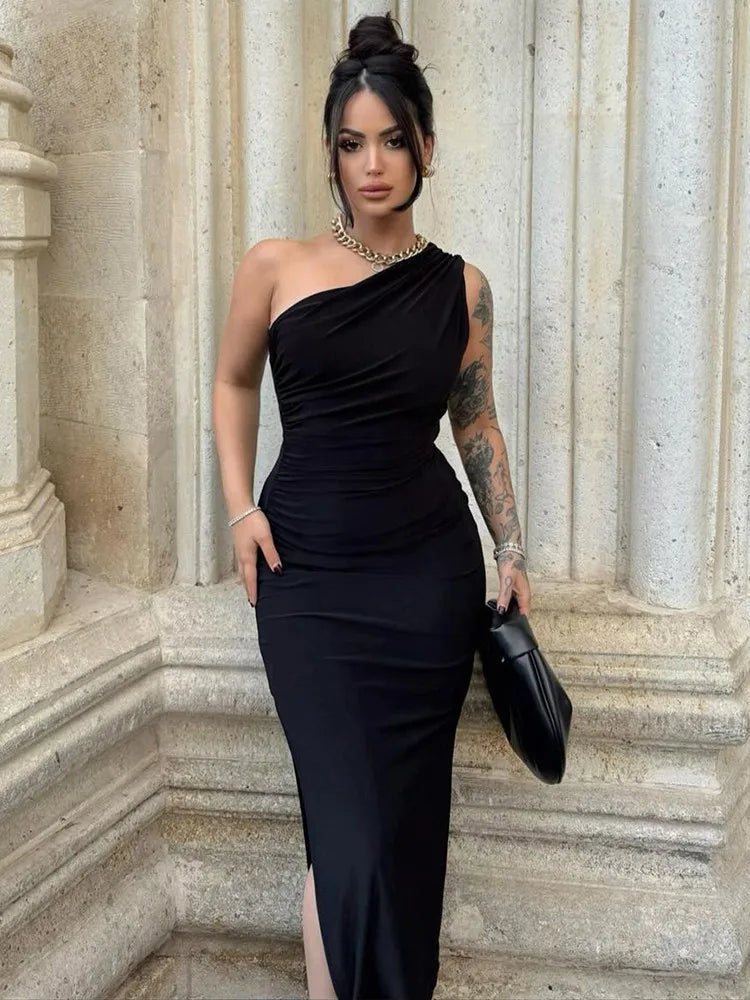Black elegant Dress, Sexy Split Sleeveless, Backless Dress Off Shoulder, for casual, Dinner, Club Slim wear Dress