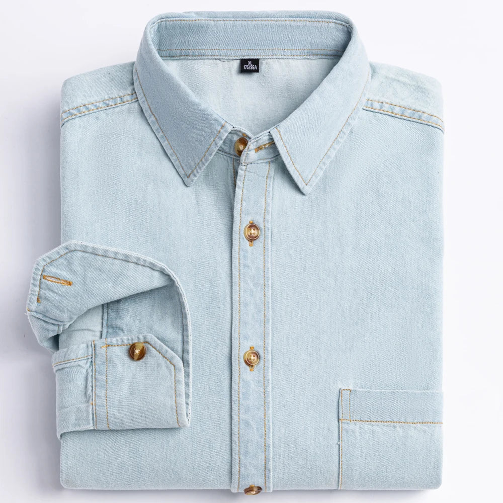 Men's Denim Casual Long Sleeve Pocket Shirt. Regular-Fit Comfortable Soft. 100% Cotton Washed Durability