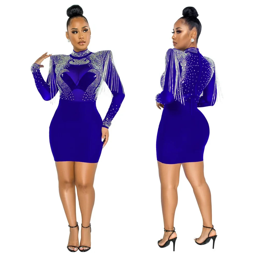 CM.YAYA Women Jumpsuit Solid High Collar Hot Drill Mesh Shoulder Cotton Long Sleeves Long Straight Jumpsuit Sexy Party Outfits