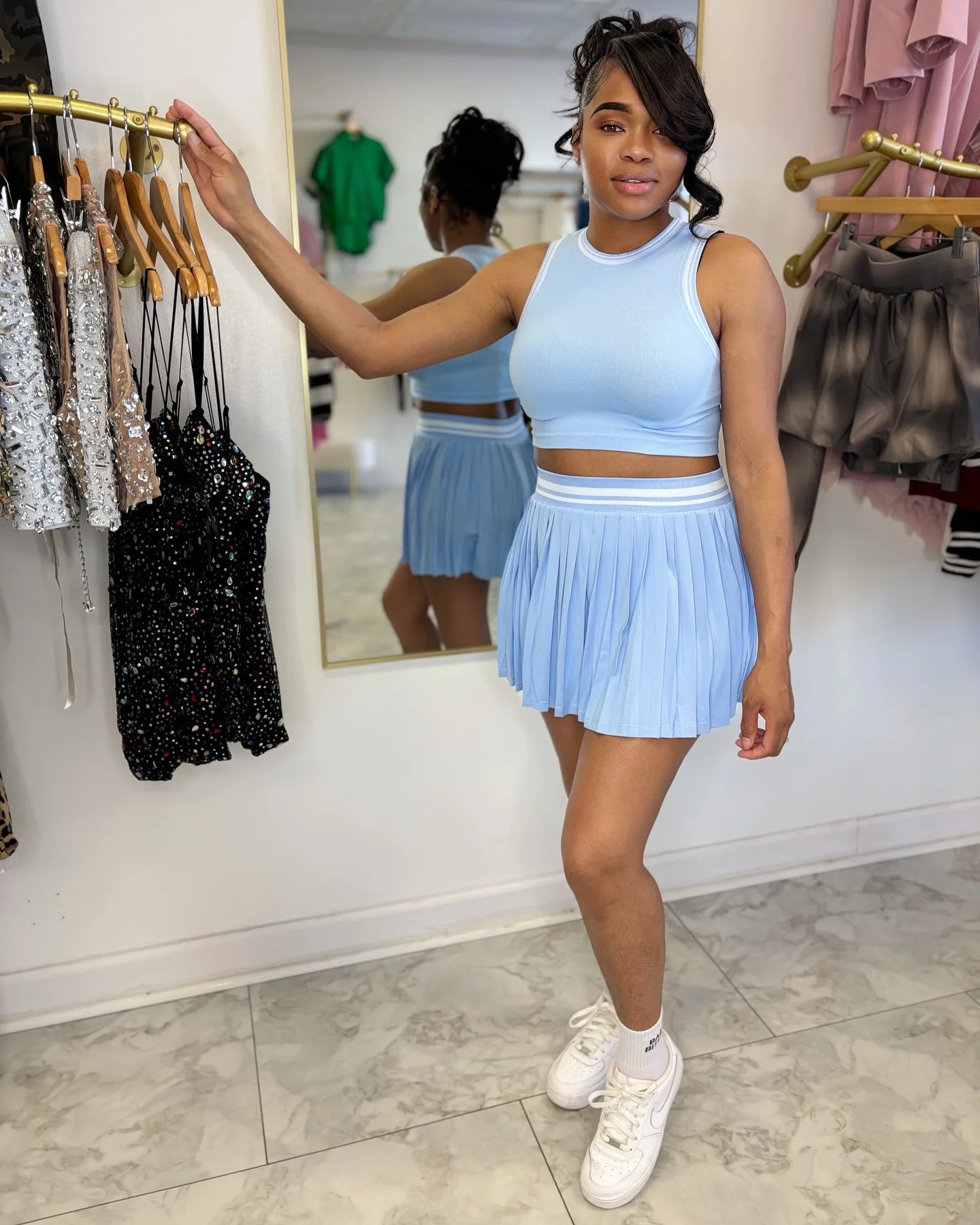 Women O-neck Mini Tank Top and Pleated Mini Skirt Suit. Fitness 2Piece Set Outfit.