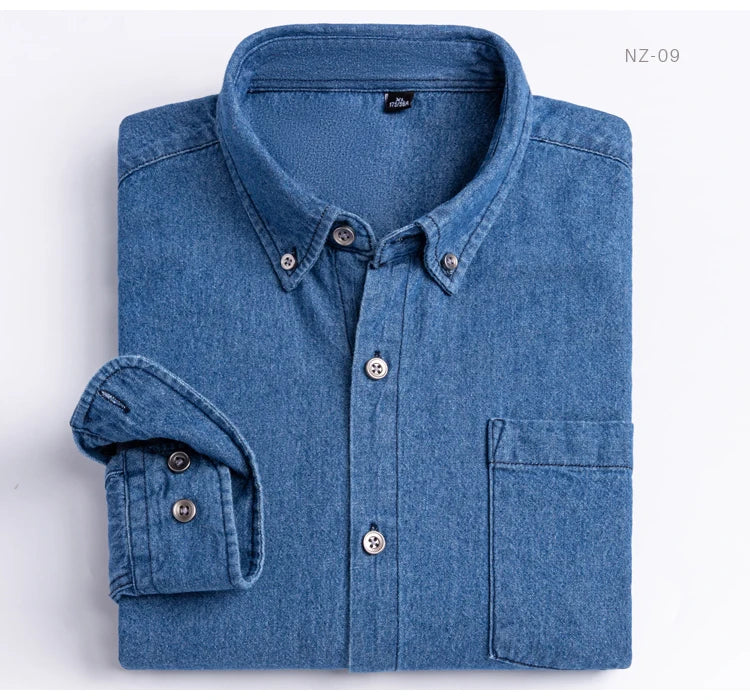 Men's Denim Casual Long Sleeve Pocket Shirt. Regular-Fit Comfortable Soft. 100% Cotton Washed Durability