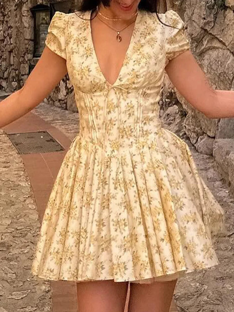 Talenza Printed V-Neck Short Sleeve Mini Dress Women's Summer Sexy Floral Pleated Party A-Line Dress High Waist Slim Mini Dress