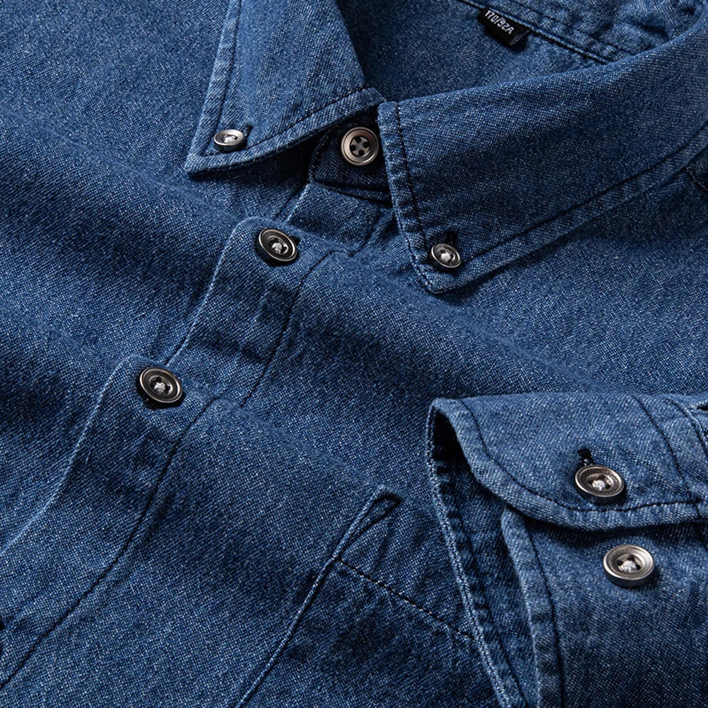 Men's Denim Casual Long Sleeve Pocket Shirt. Regular-Fit Comfortable Soft. 100% Cotton Washed Durability