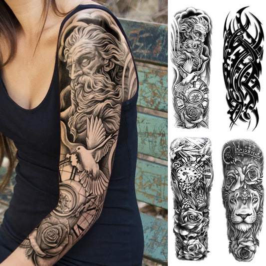 Dark Style Thorns Large Full Arm Sleeve Waterproof Temporary Tattoo Sticker Lion Rose Flower Hand Fake Tatoo Body Art Men Women