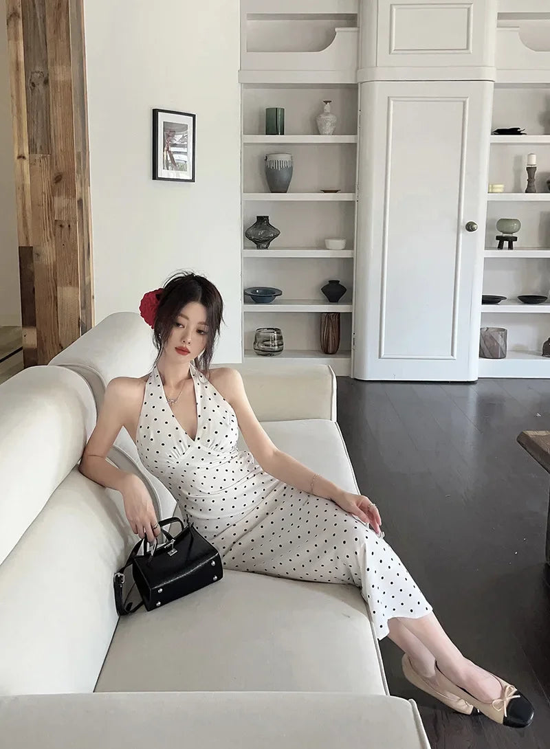 Korean Style Open-back Halter Neck Dress Women. Elegant Long Dress.