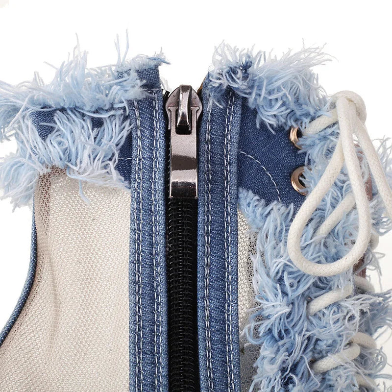 LeShion Of Chanmeb Women Denim Sandals High Heels Platform Tassel Fringe Jean Gladiator Sandals Ladies Mesh Net Summer Boots New