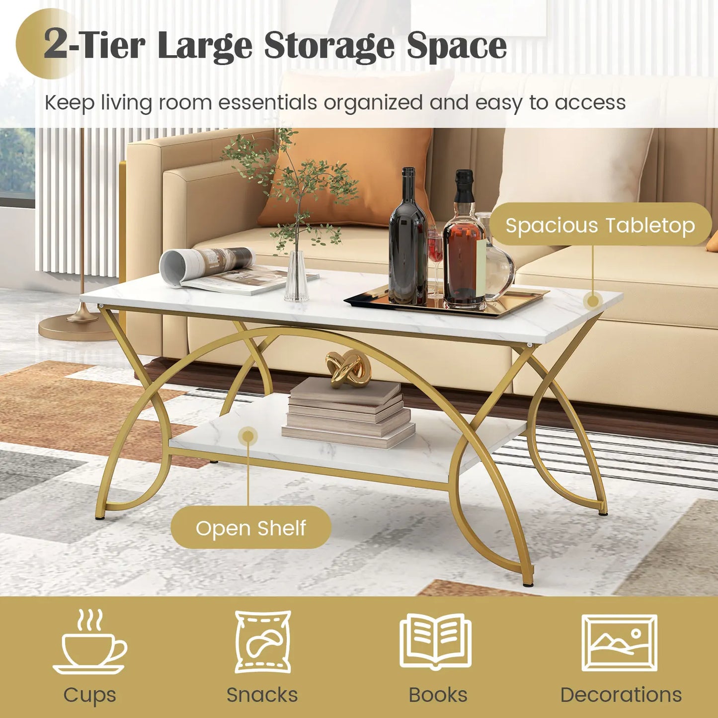 GOFLAME 2-Tier Modern Coffee Table with Arched Metal Frame & Adjustable Foot Pads