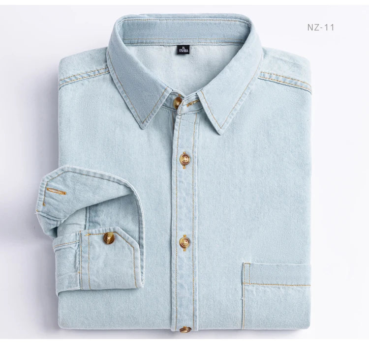 Men's Denim Casual Long Sleeve Pocket Shirt. Regular-Fit Comfortable Soft. 100% Cotton Washed Durability
