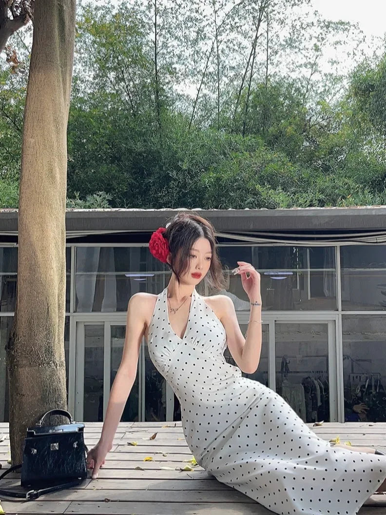 Korean Style Open-back Halter Neck Dress Women. Elegant Long Dress.