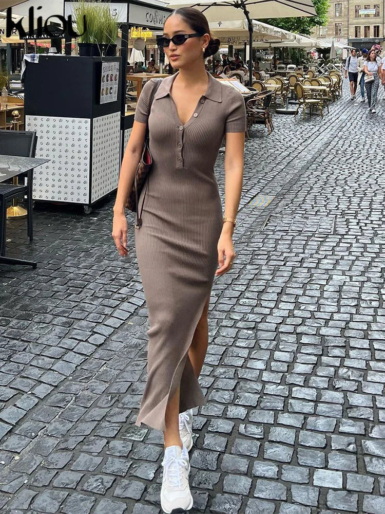 Classy Kliou Lady Dress.  Button Side Slit Body, with Turn-down Collar Short Sleeve-Shaping