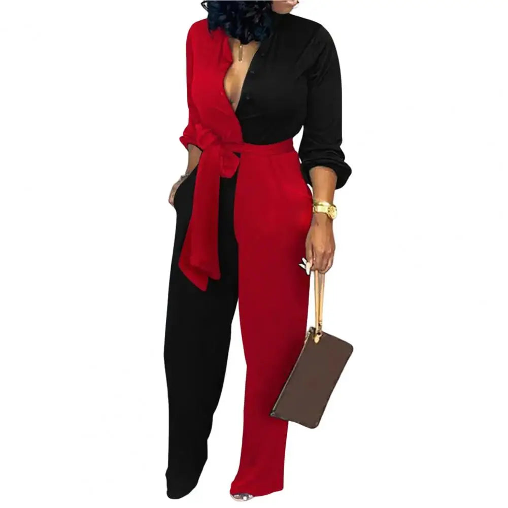 Women Jumpsuit V-Neck Long Sleeve High Waist Buttons Half Placket Pockets Autumn Abstract Print Front Belted Jumpsuit