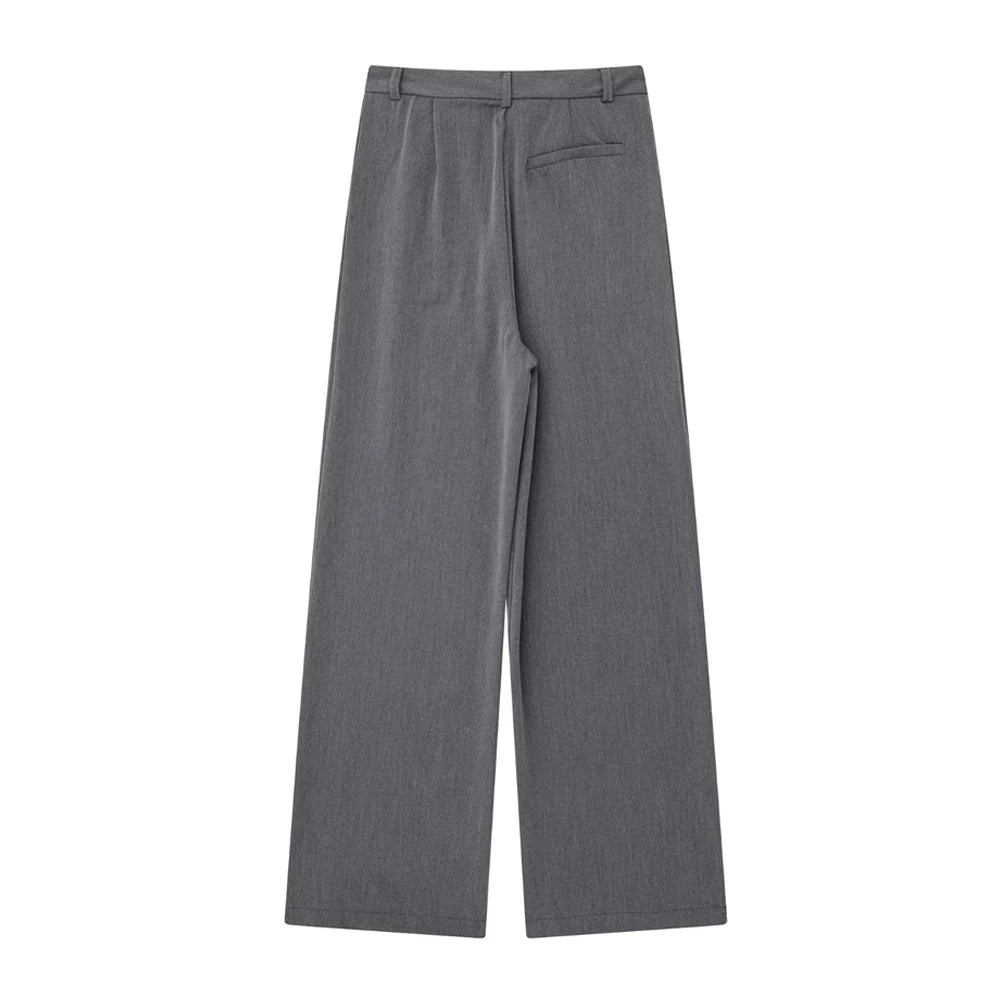 TRZA Women Fashion With Darts Front Pockets Wide Leg Pants Vintage High Waist Zipper Fly Female Trousers Mujer
