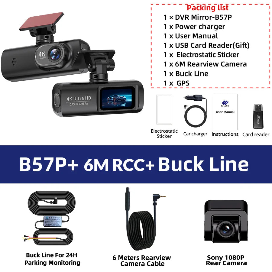 E-ACE UHD 4K Dashcam With GPS WiFi Night Vision 24h Parking Loop Dual Channel Recording 4K Front and 1080P Rear Dual Lens