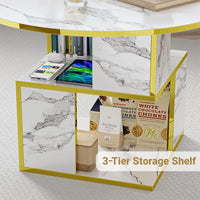 3-Tier Round Coffee Table with Storage, Modern Coffee Table for Living Room, Wooden Tabletop-Marble White with Gold Frame