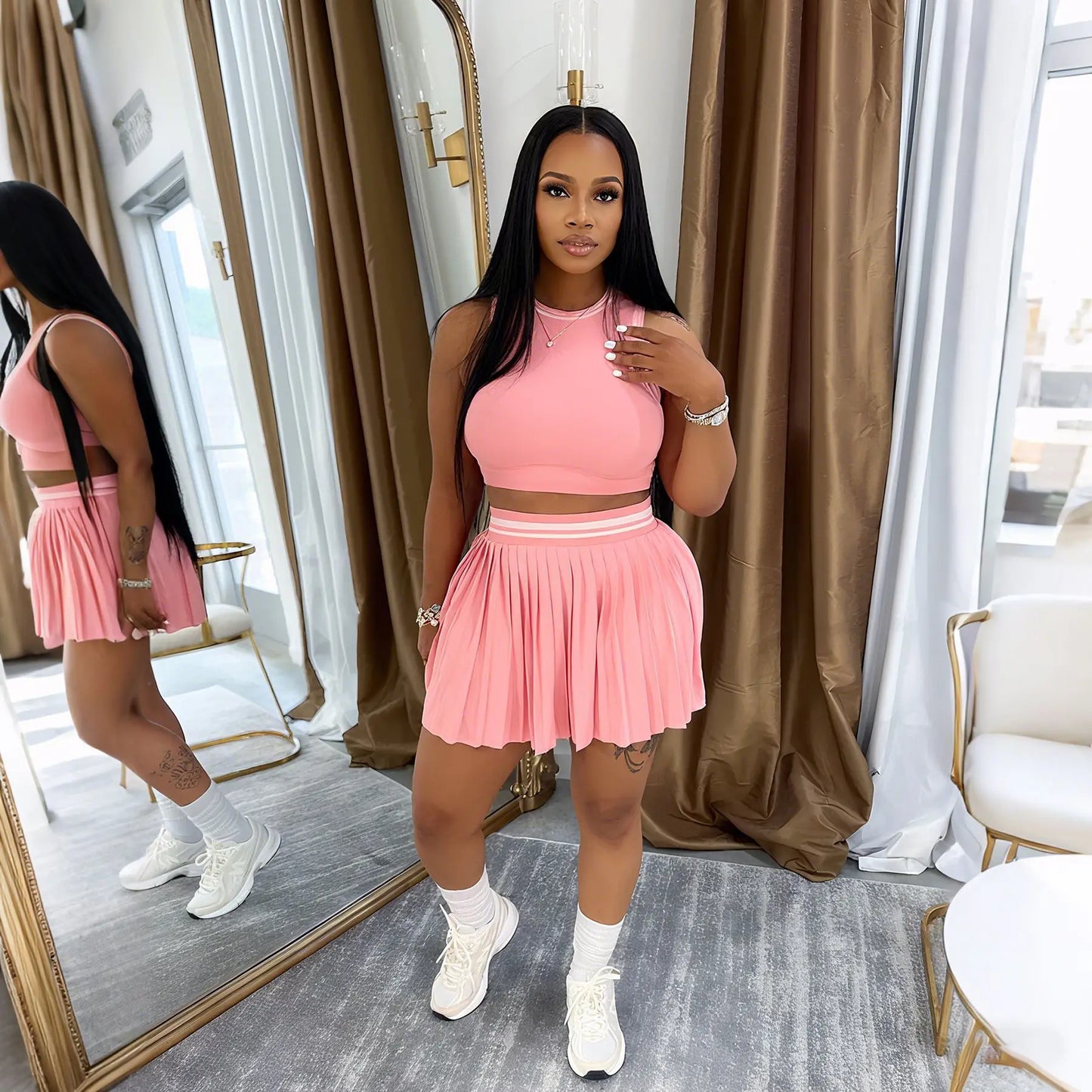 Women O-neck Mini Tank Top and Pleated Mini Skirt Suit. Fitness 2Piece Set Outfit.