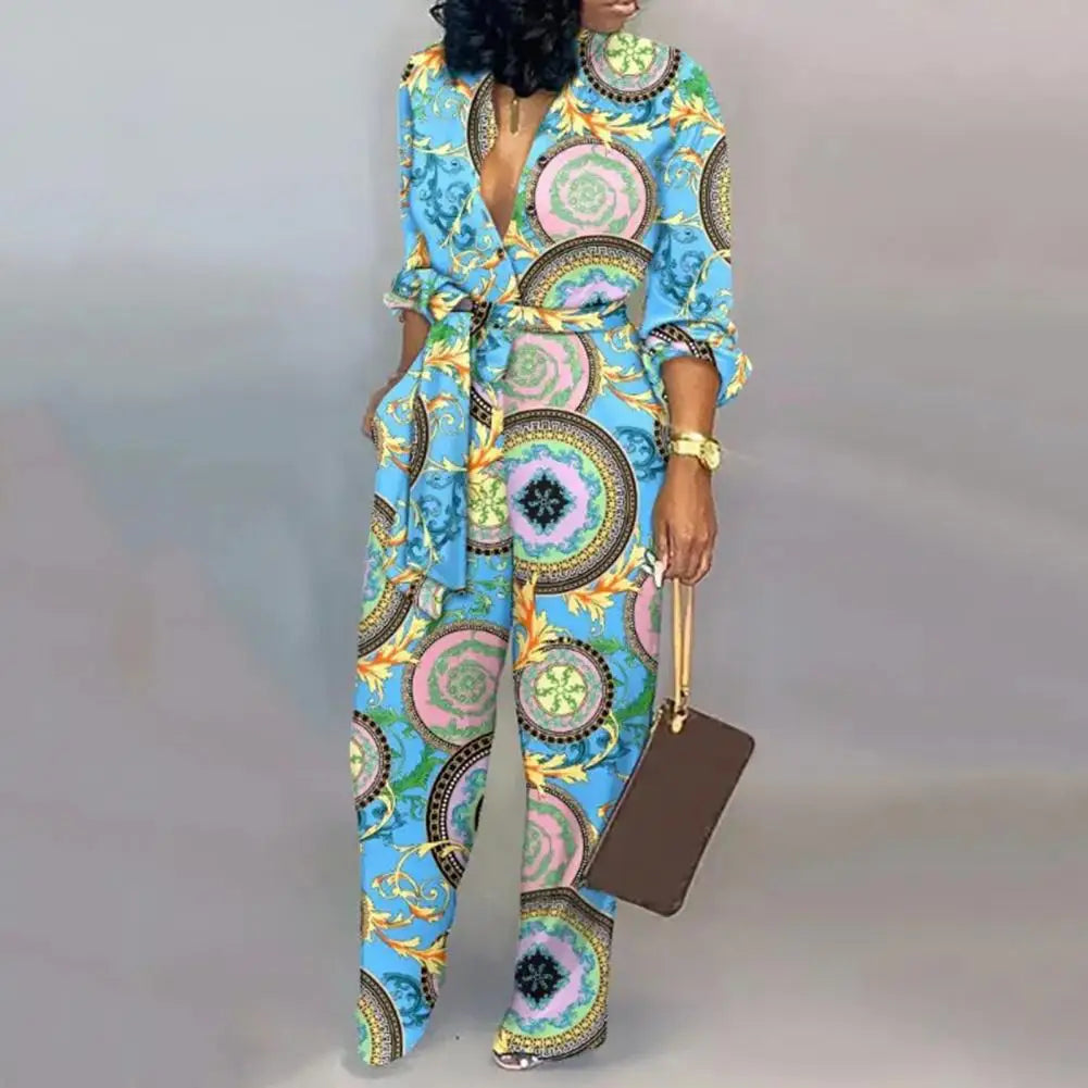 Women Jumpsuit V-Neck Long Sleeve High Waist Buttons Half Placket Pockets Autumn Abstract Print Front Belted Jumpsuit