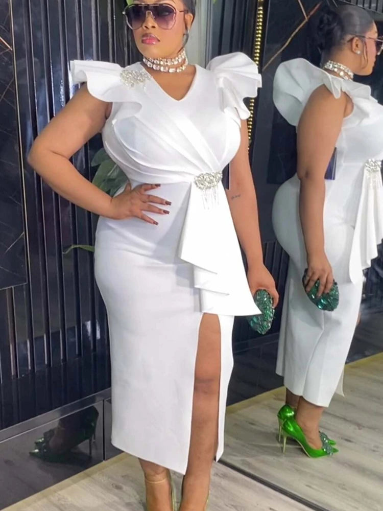 White Graduation Dress V Neck Ruffle Sleeve Bodycon Slit Midi Dress Elegant Fitted Summer Outfits for Women