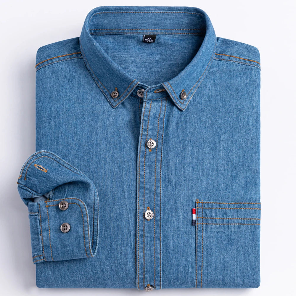 Men's Denim Casual Long Sleeve Pocket Shirt. Regular-Fit Comfortable Soft. 100% Cotton Washed Durability