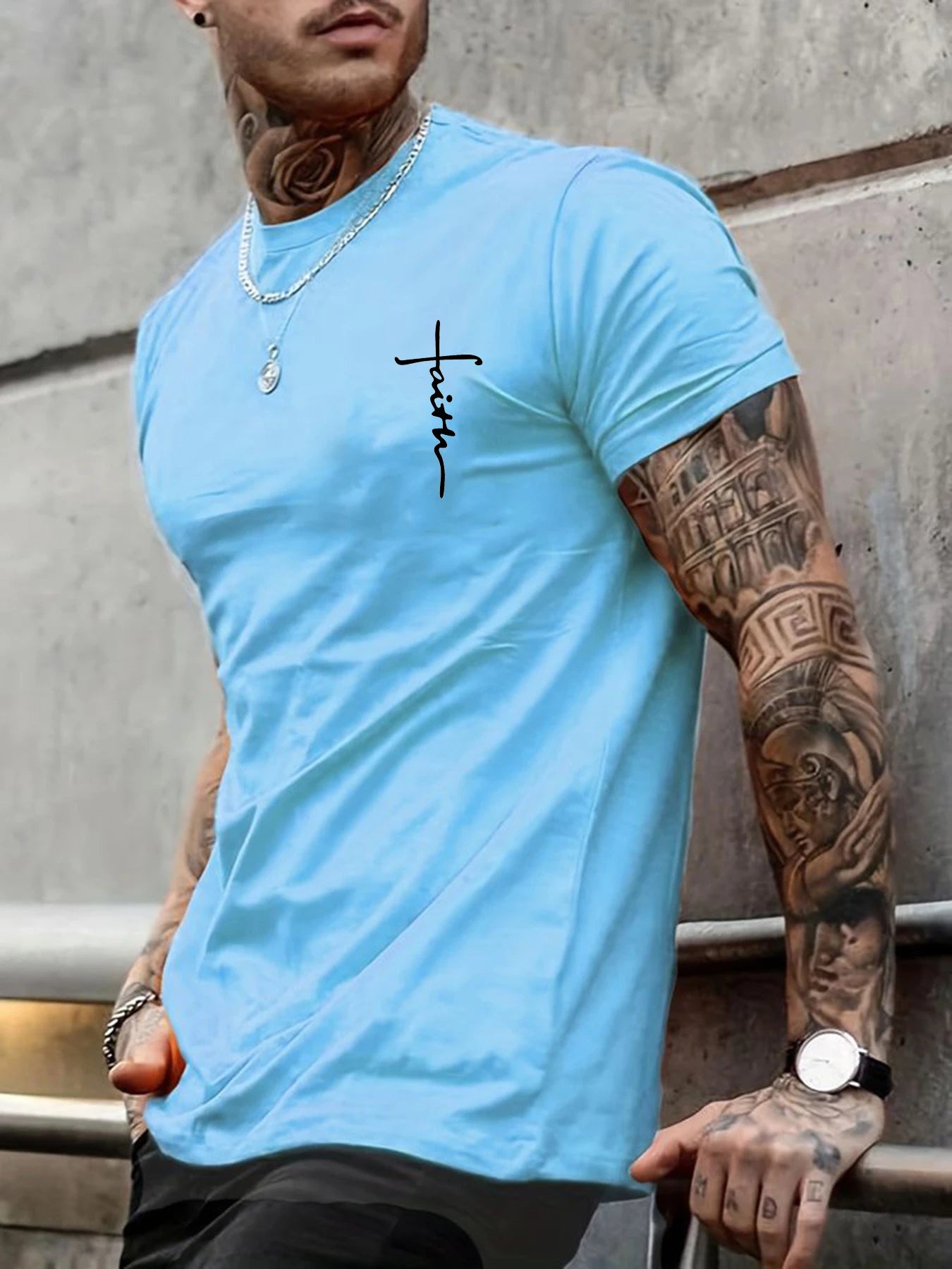 Men's Summer 100% Cotton Fashionable Casual Loose Large Size Faith Cross Printed Sports Round Neck Short Sleeve T-shirt Top