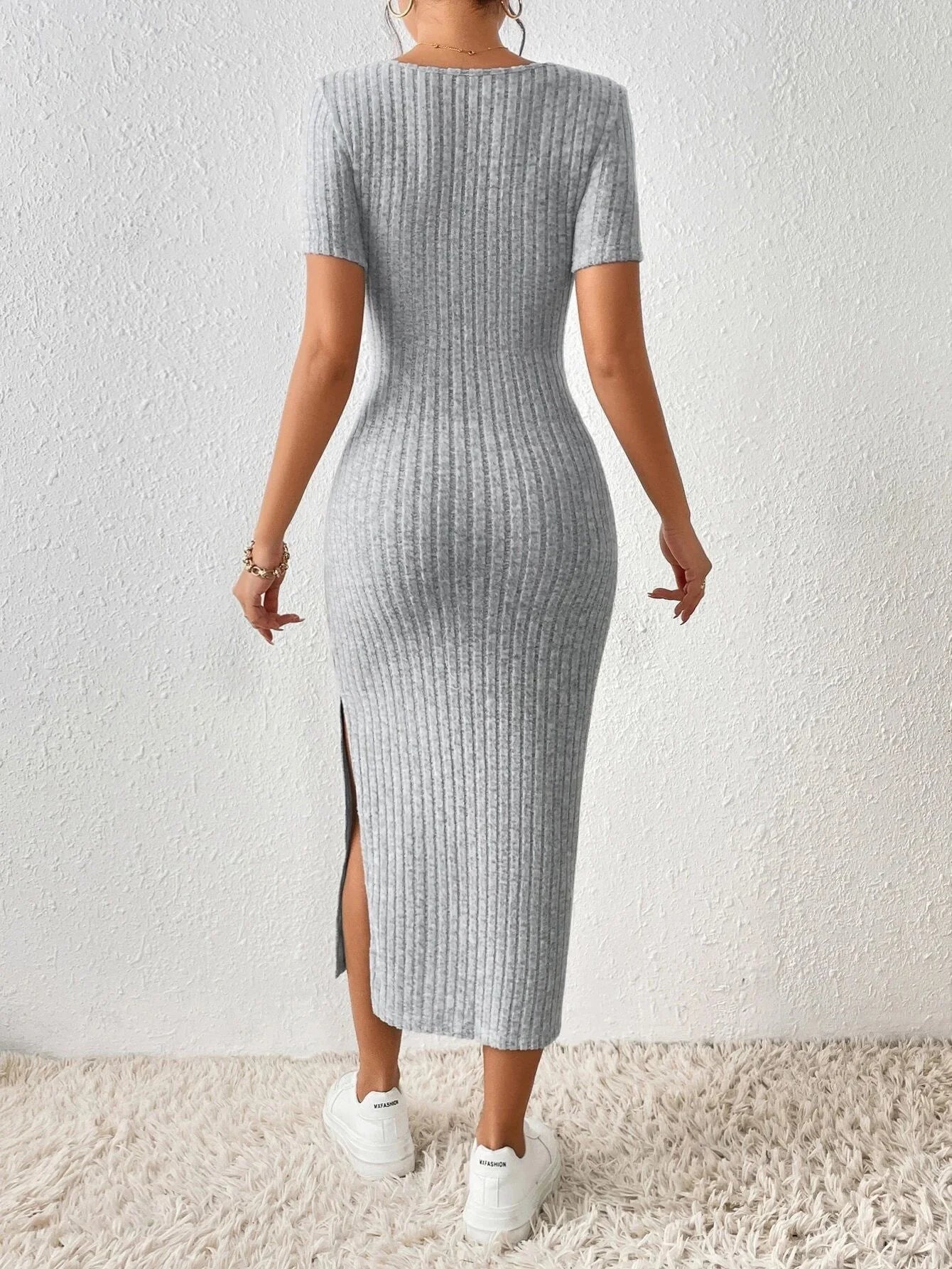 Women Style Knitted Dress. Ladies Casual Short Sleeve Square.
