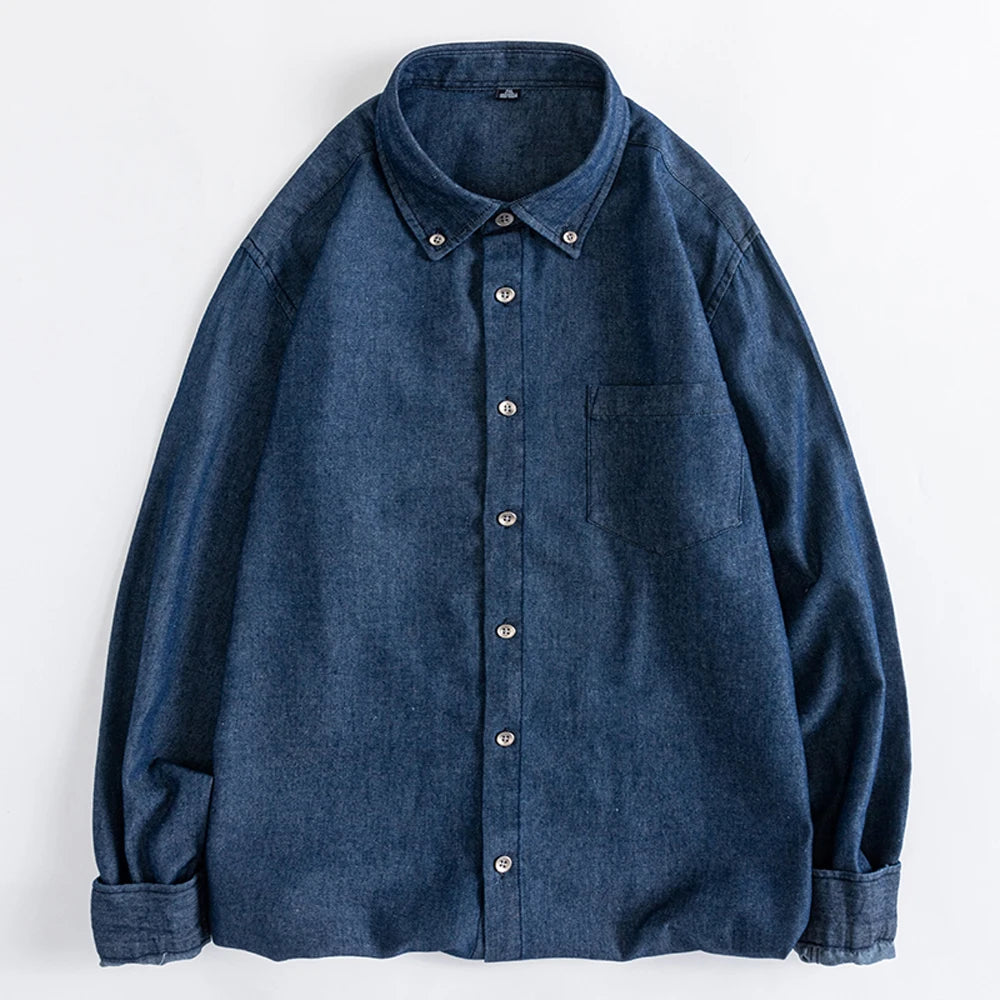 Men's Denim Casual Long Sleeve Pocket Shirt. Regular-Fit Comfortable Soft. 100% Cotton Washed Durability
