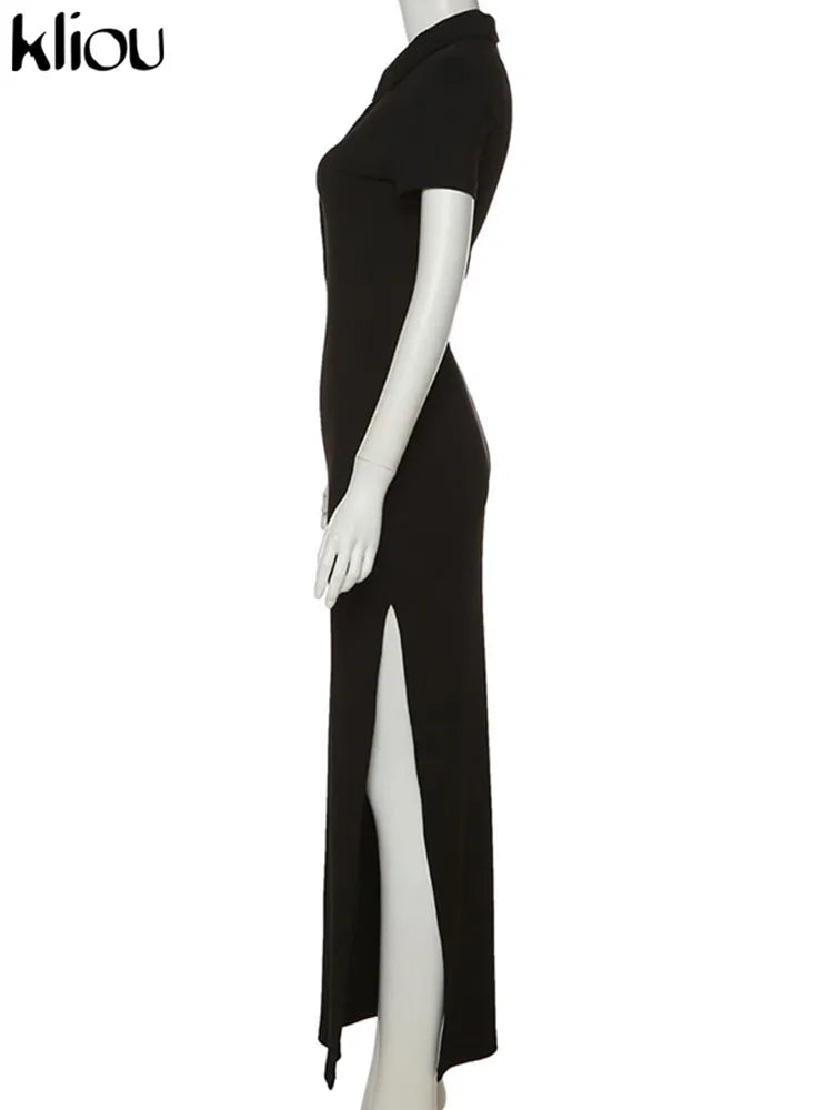 Classy Kliou Lady Dress.  Button Side Slit Body, with Turn-down Collar Short Sleeve-Shaping