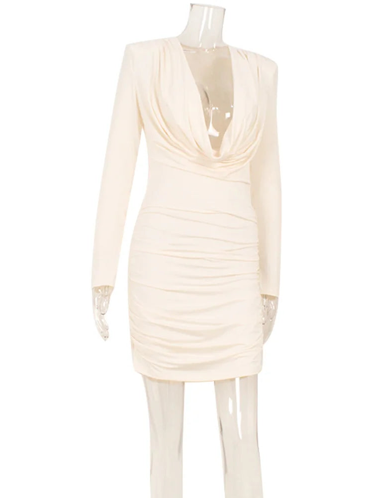 Ahagaga Elegant Women's Mini Dresses. Swinging Collar, Regular Long Sleeves Folds.