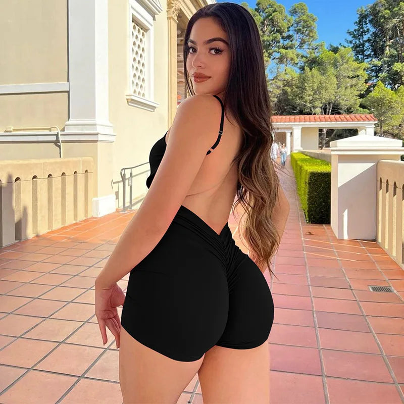 Hugcitar Solid Sleeveless Backless Ruched Sexy Bodycon Skinny Slips One Piece Playsuit Fall Women Vacation Rave Outfits Romper