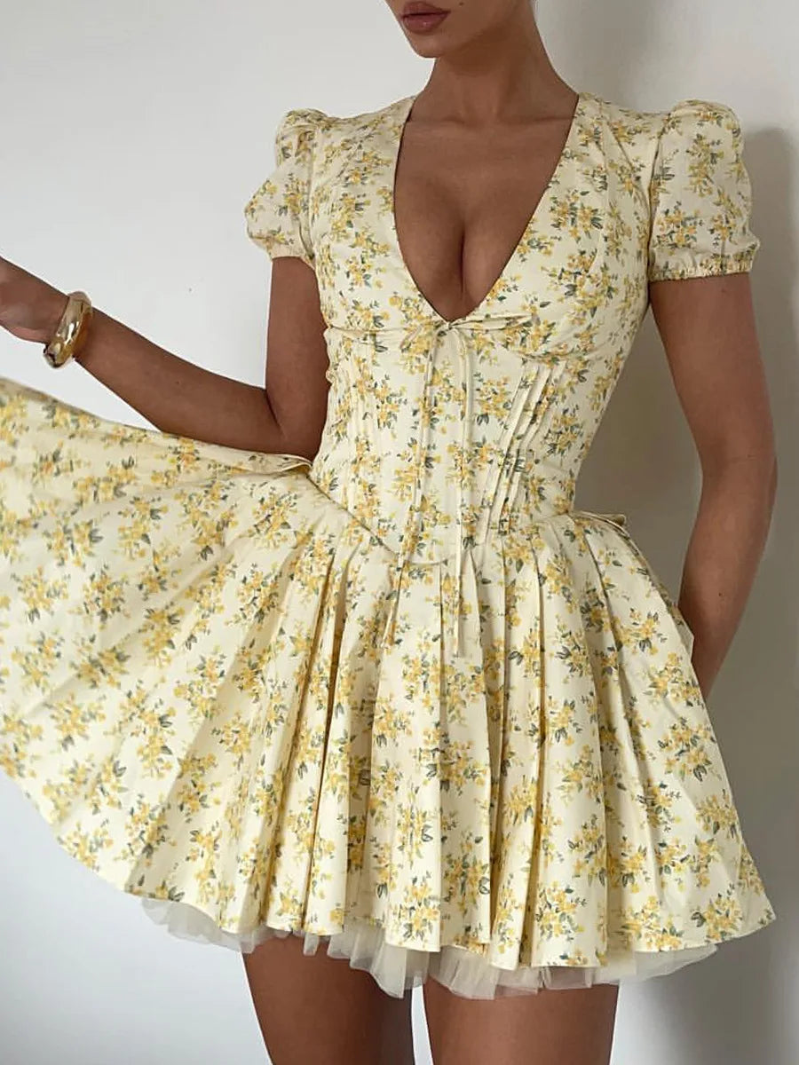 Talenza Printed V-Neck Short Sleeve Mini Dress Women's Summer Sexy Floral Pleated Party A-Line Dress High Waist Slim Mini Dress