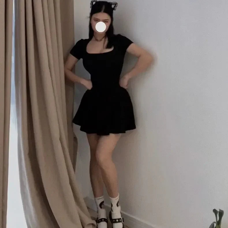 Summer New Pure Desire Square Collar Short Sleeve Bodycon A- Line Mini Skirt Dress Polyester Fiber Regular Sleeve Length