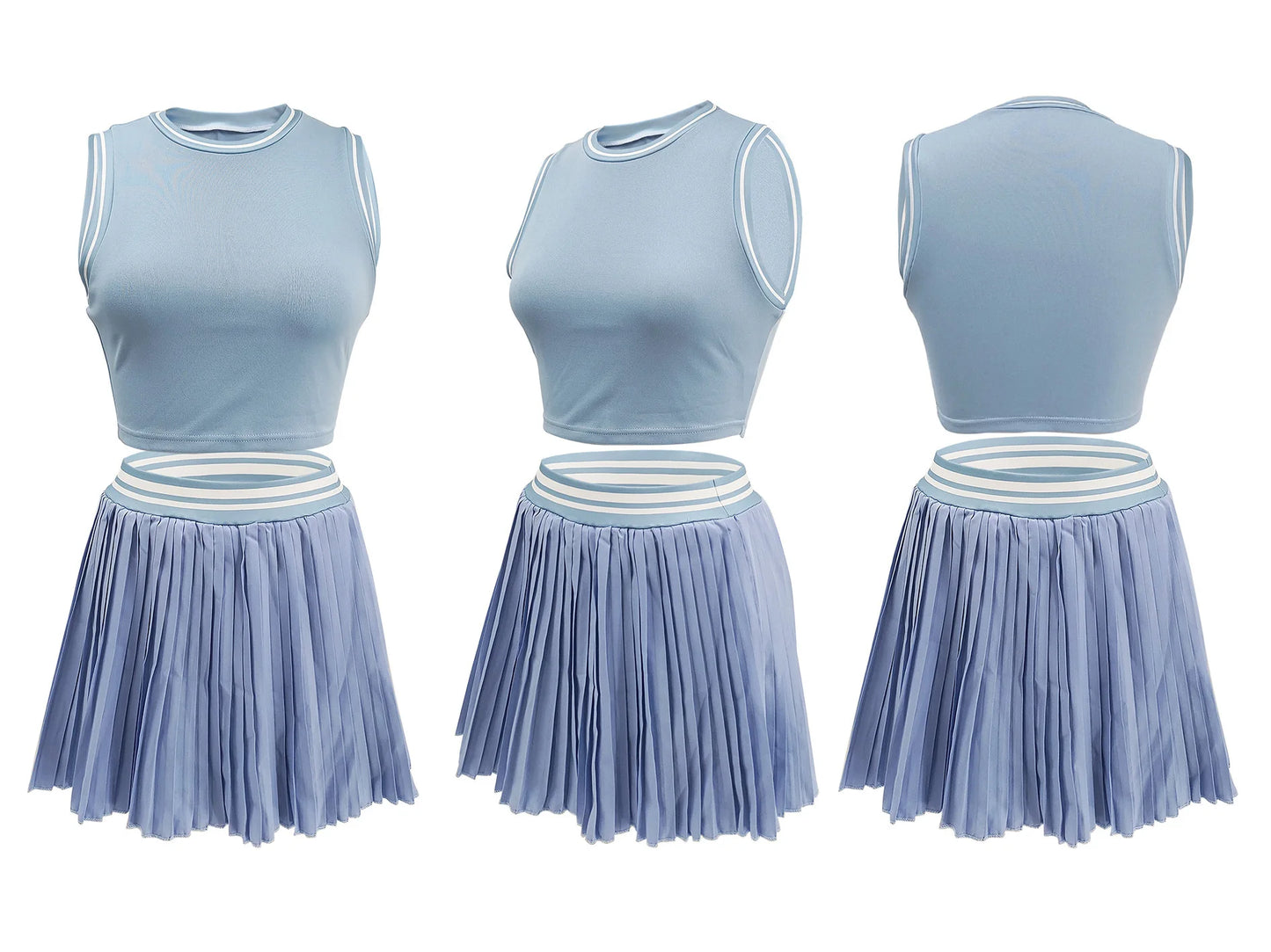 Women O-neck Mini Tank Top and Pleated Mini Skirt Suit. Fitness 2Piece Set Outfit.
