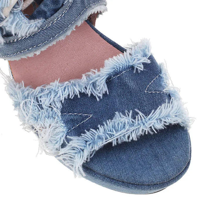 LeShion Of Chanmeb Women Denim Sandals High Heels Platform Tassel Fringe Jean Gladiator Sandals Ladies Mesh Net Summer Boots New