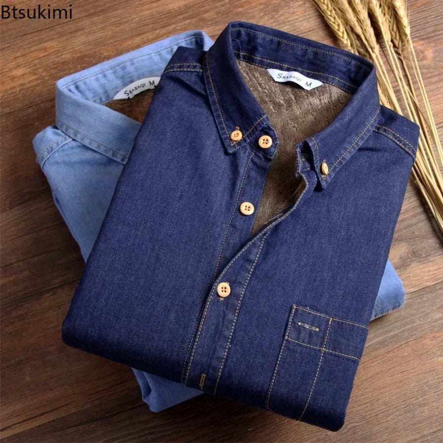 Winter Warm Denim Jeans Shirt for Men. Fleece Lined Velvet Shirts with Button Down