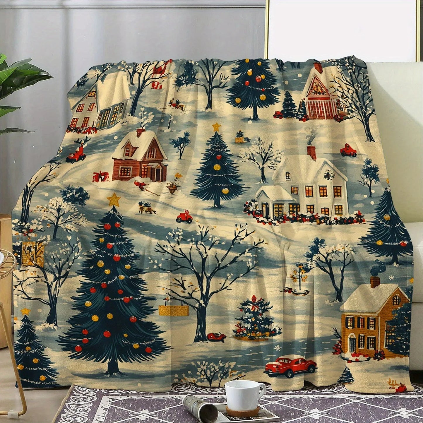 Christmas Blanket - Reindeer Snowman Lights Pattern Festive Warm Throw
