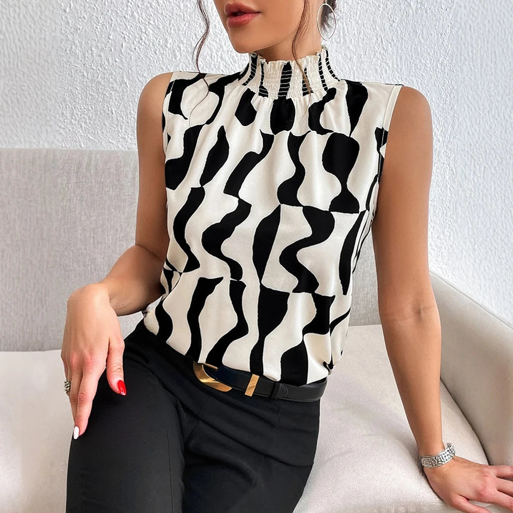 Mia Muse Blouses Spring Summer Casual Hotsweet Irregular Grain Contrast Color Sleeveless High Neck Daily Blouses for Women